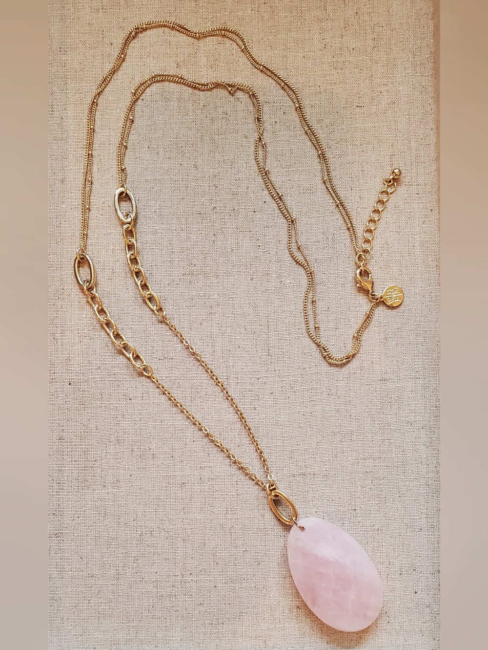 ​WHBM Gold Layered Double Strand Long Rose Quartz Teardrop Pendant Necklace